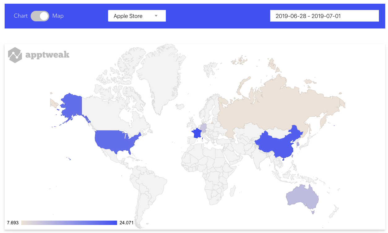 The AppTweak Free ASO Tool - Algorithm Updates Detector - World Map View